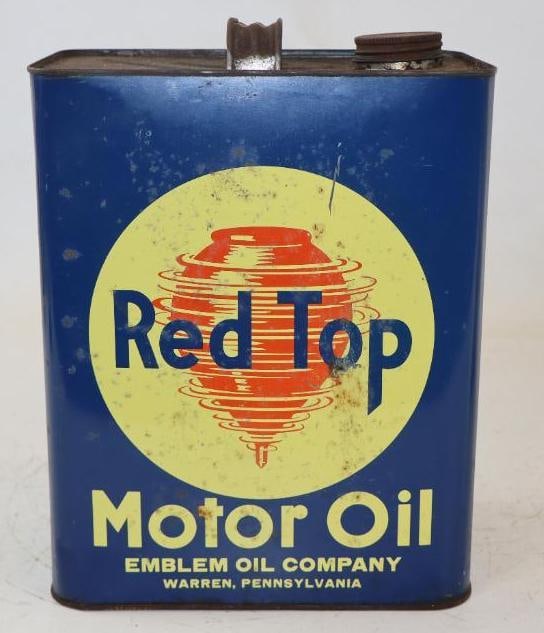 Red Top Emblem Oil Company Two Gallon Motor Oil Can: Empty