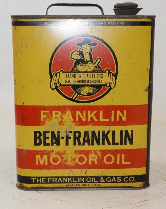 Graphic Ben Franklin "Franklin Oil And Gas Company" Two Gallon Motor Oil Can (1 of 4)