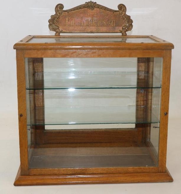 Oak Countertop Display Case w/ Ornate Brass Marquee Ed Anderson Topper Sign (1 of 5)