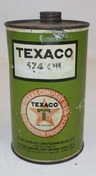 Texaco Port Arthur 574 One Quart Motor Oil Can: Empty, light fading, some paint flaking