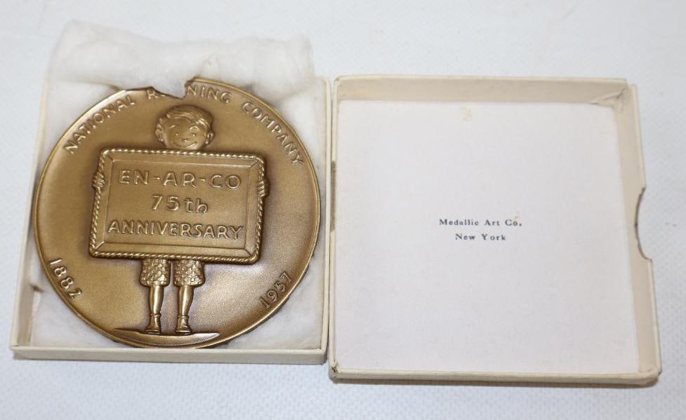 National Refining Company En-Ar-Co 75th Anniversary Bronze Paper Weight w/ Original Box: 3.25" x 3.25" x .50"
