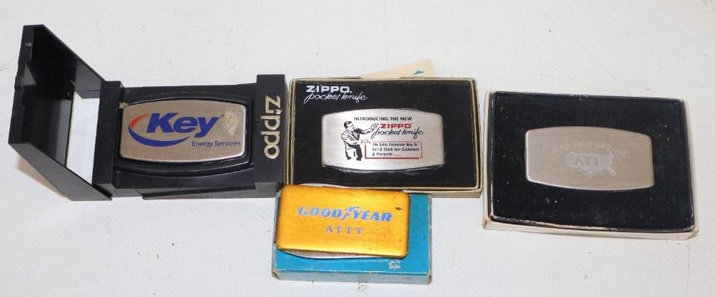 Group of 4 Zippo And Park Advertising Pocket Knives w/ Original Boxes: Largest is 3.25" x 2.50" x .50"