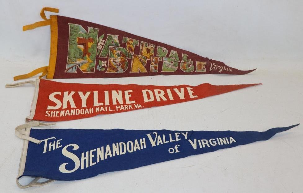 Group of 3 National Bridge, Skyline Drive, And Shenandoah Valley Virginia Felt Advertising Pennants: largest is 25" x 7.50"