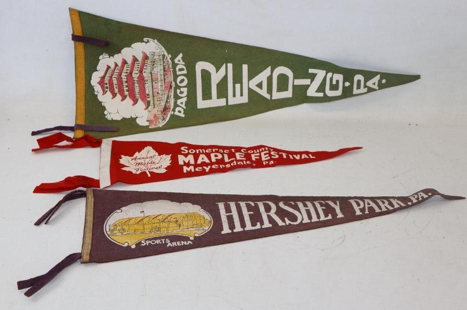 Group of 3 Hershey Park, Pagoda And Summerset County Maple County Advertising Felt Pennants: 11.50" x 28.50" largest