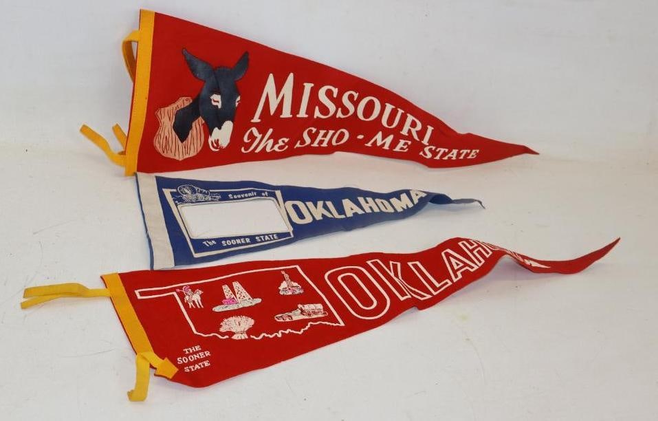 Group of 3 Oklahoma The Sooner State And Missouri The Sho-Me State Advertising Felt Pennants: 26" x 8.50" largest