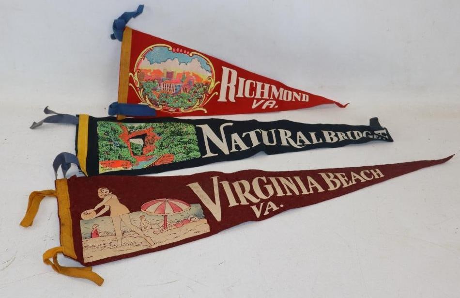 Group of 3 National Bridge, Richmond And Virginia Beach Virginia Advertising Felt Pennants: 8.50" x 25" largest