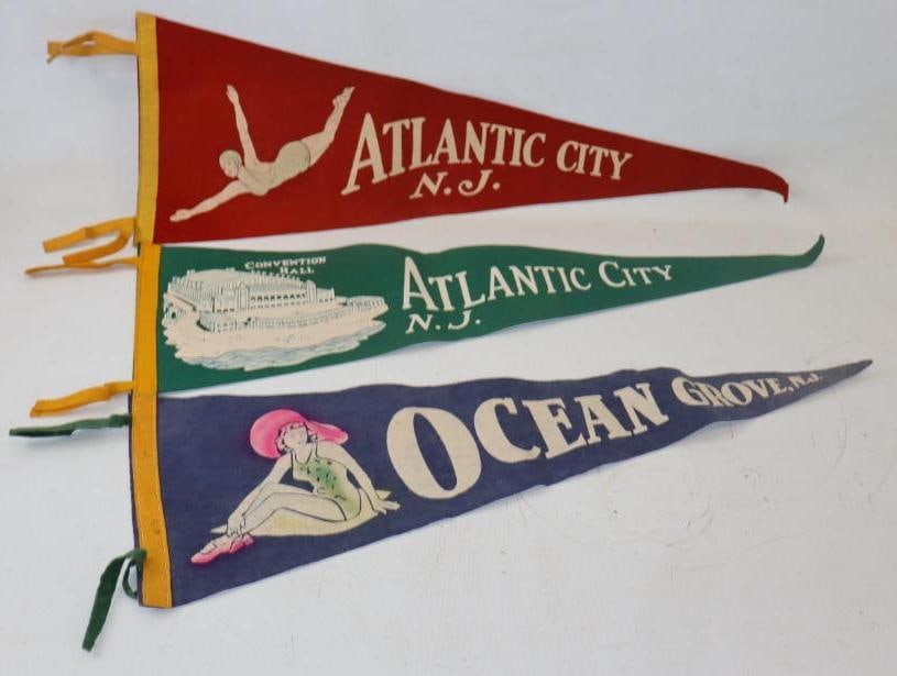 Group of 3 Atlantic City And Ocean Grove New Jersey Advertising Felt Pennants: 8.50" x 26.50" largest