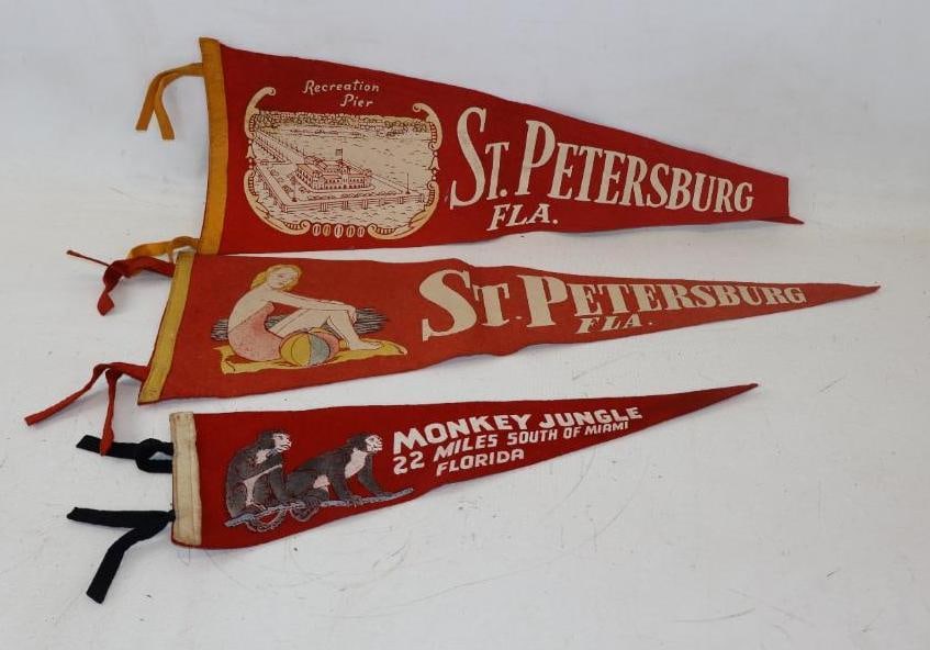 Group of 3 Saint Petersburg And Monkey Jungle Florida Advertising Felt Pennants: 8.50" x 26" largest