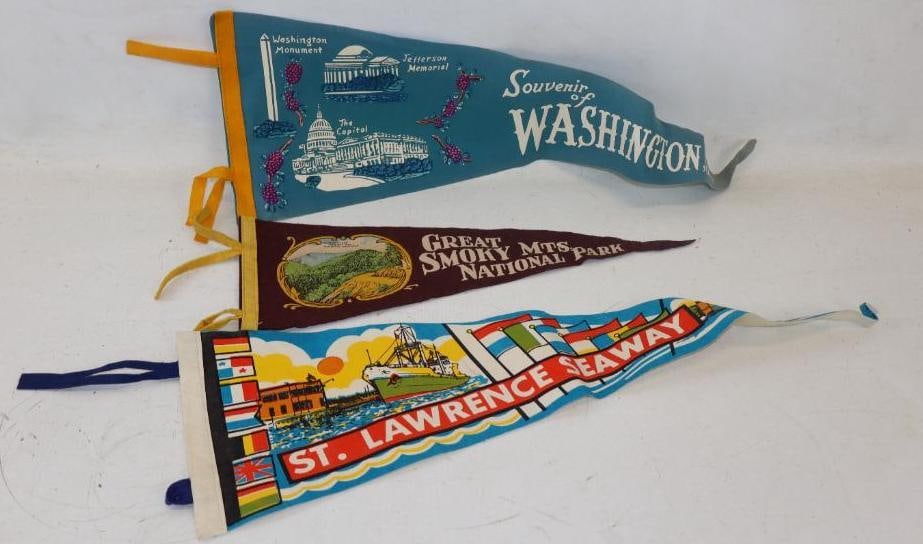 Group of 3 Washington DC, Great Smoky Mountains And Saint Lawrence Sea Way Advertising Pennants: 8.50" x 26" largest
