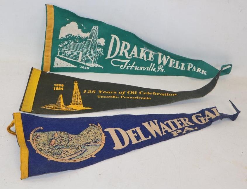 Group of 3 Dl Water Gap, Penn Drake Well Park And Titusville PA Advertising Pennants: 8.50" x 26" largest