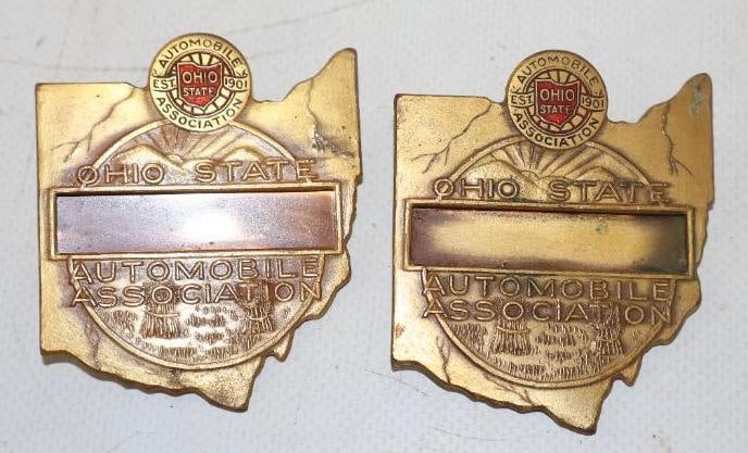 Group of 2 Cloisonne Ohio State Automobile Association Pin Back Badges: 2" x 2.50" each