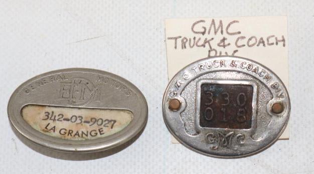 Group of 2 GM And GMC Employee Pin Back Badges: 1.50" x 1.25" largest