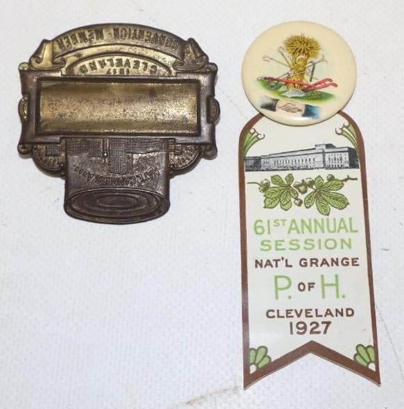 Group of 2 National Grange And Canners Association Cleveland Convention Pin Back Badges: 2" x 2" largest