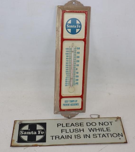 Group of 2 Santa Fe Advertising Thermometer And Do Not Flush While Train Is In Station Sign (1 of 4)