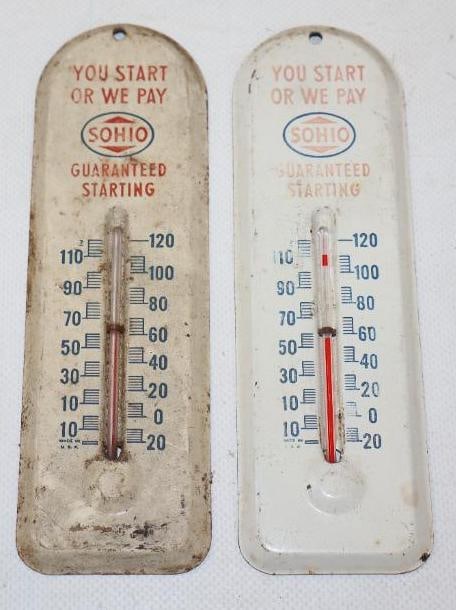 Group of 2 Sohio "You Start Or We Pay" Advertising Thermometers: 6.25" x 2" each