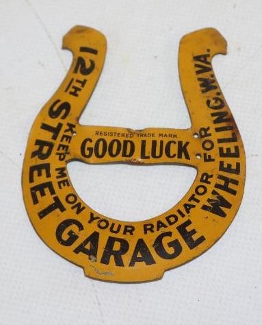Good Luck 12th Street Garage Wheeling West Virginia Tin Litho Radiator Badge (1 of 2)