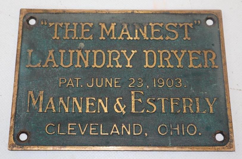 "The Manest" Laundry Dryer Mannen & Esterly Cleveland Ohio Brass Sign (1 of 2)