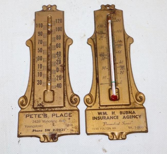 Group of 2 Pete's Place And Wm. H. Bubna Insurance Agency Advertising Thermometer: 6.50" x 2.50"