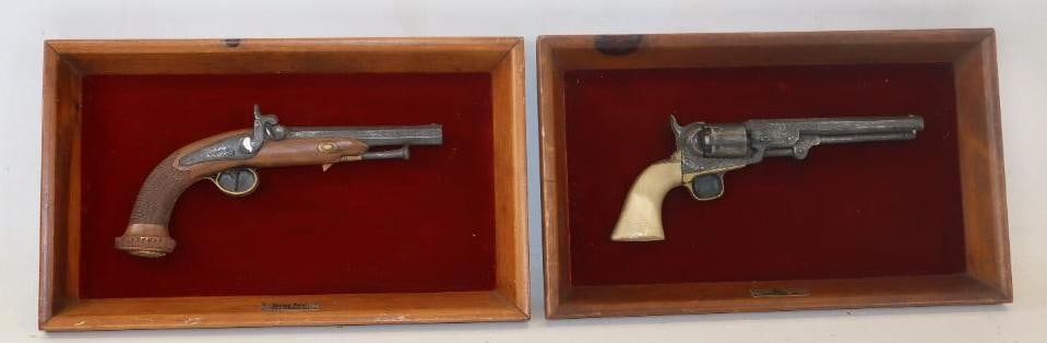 Group of 2 Colt And French Percussion Dueling Pistol Framed Wall Hangings: 19" x 11" x 2" each
