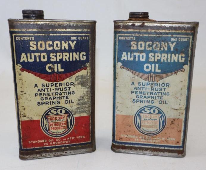 Group of 2 Socony Auto Spring One Quart Oil Cans: Both are empty