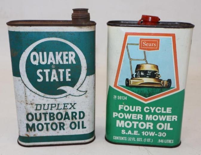 Group of 2 Quaker State Duplex Outboard and Sears 4 Cycle Power Mower One Quart Oil Cans (1 of 2)