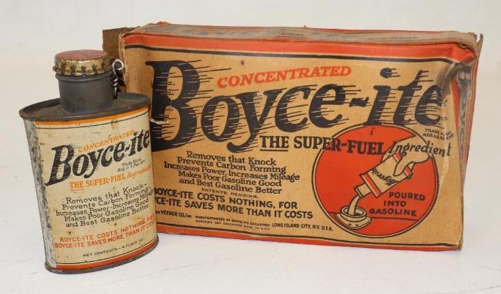 Group of 3 Boyce-ite Super-Fuel Ingredient Cans with Original Box: 7.5" x 4.75" x 1.5"