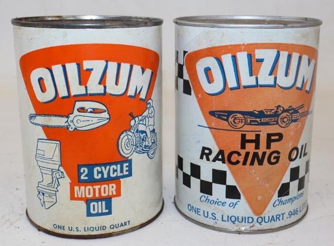 Group of 2 Oilzum 2 Cycle and HP Racing Composite One Quart Motor Oil Cans: Both are empty