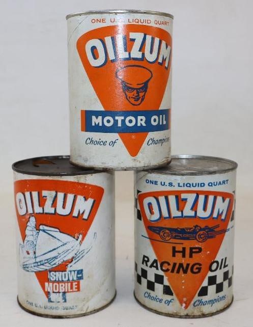 Group of 3 Oilzum HP Racing, Snowmobile, and HD One Quart Motor Oil Cans: All are composite, all are empty