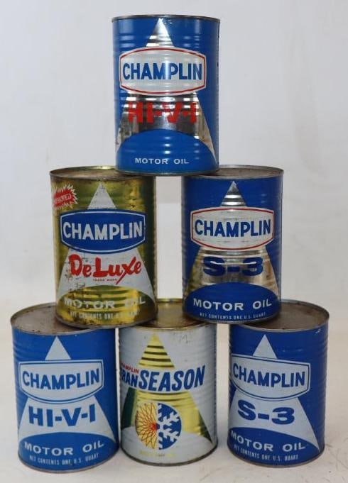 Group of 6 Champlin (Ribbed) One Qt Metal Oil Cans (1 of 2)