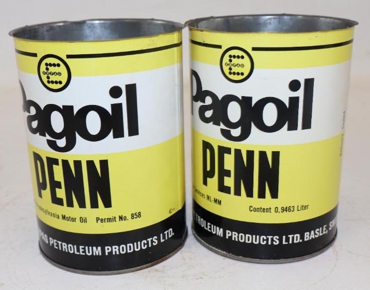 Group of 2 Pagoil Penn One Qt Metal Oil Cans: Both empty and missing top lids