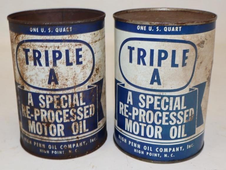 Group of 2 High Penn Tripple A One Qt Metal Oil Cans: Both empty, one missing top lid