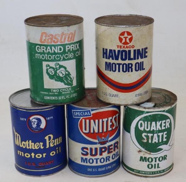 Group of 5 Mother Penn, Unitest, Havoline, Castrol And Quaker State One Qt Oil Cans (1 of 2)
