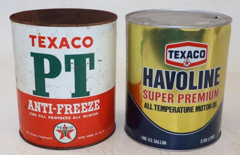 Group of 2 Texaco Havoline And PT Antifreeze Metal One Gallon Oil Cans: Both are Empty, PT Missing lid