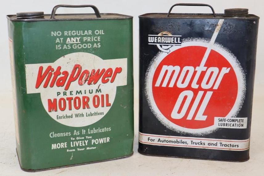Group of 2 Wearwell And Vitapower Two Gallon Motor Oil Cans: Empty