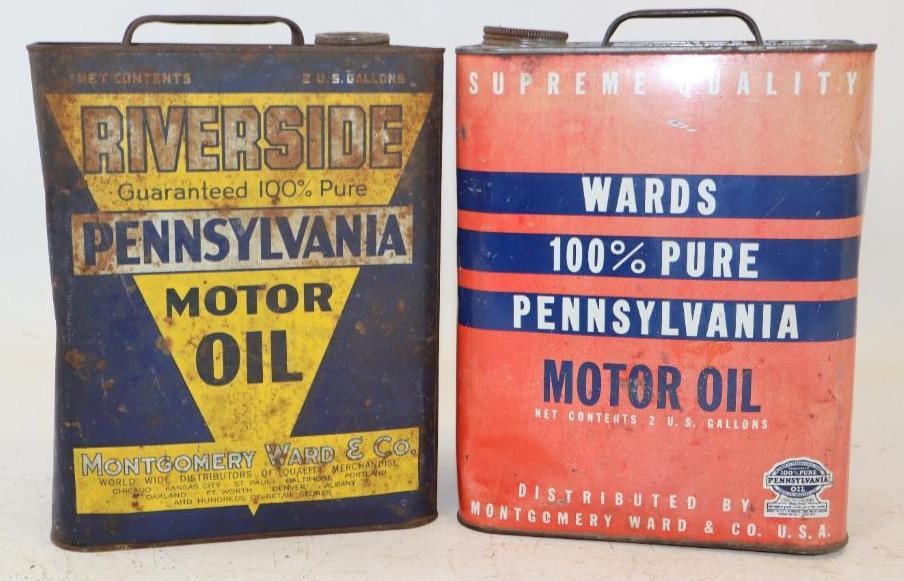 Group of 2 Ward's And Riverside Two Gallon Motor Oil Cans: Empty, Riverside missing lid