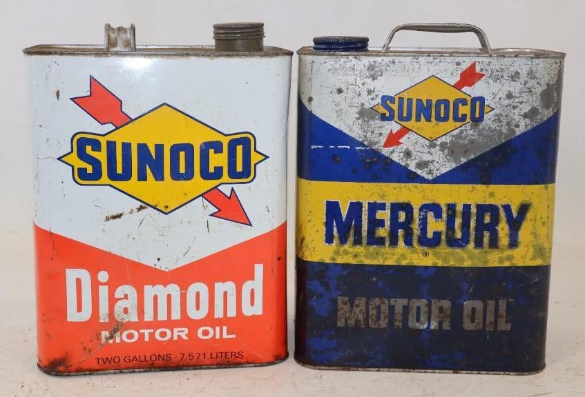 Group of 2 Sunoco Two Gallon Motor Oil Cans: Empty