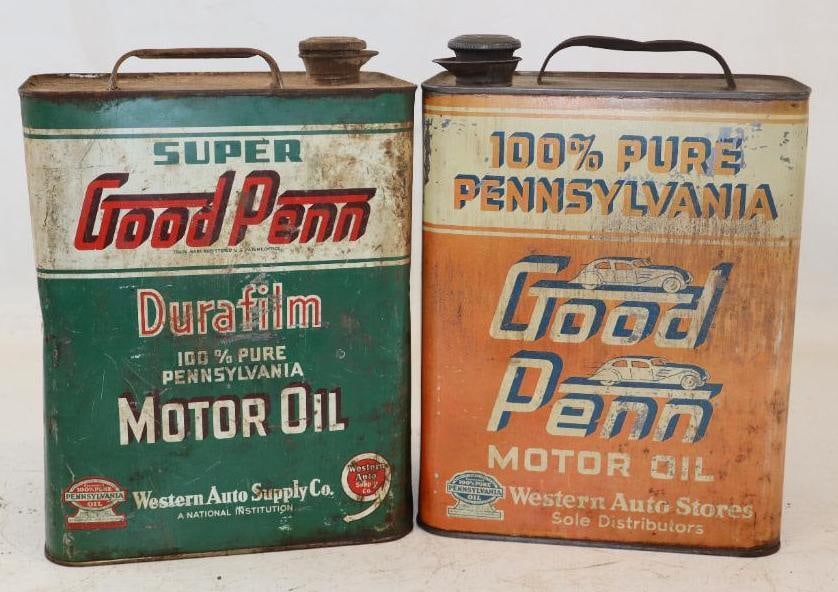 Group of 2 Good Penn Two Gallon Motor Oil Cans: Empty