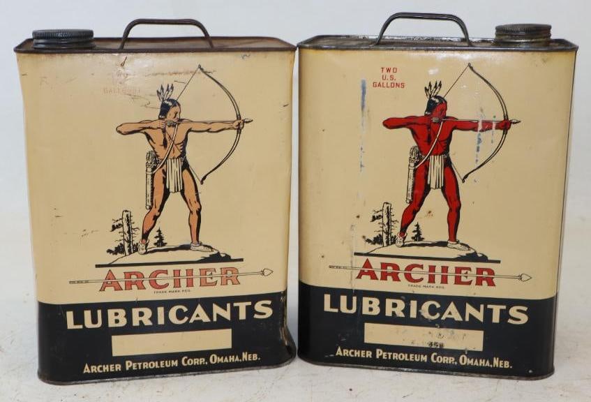 Group of 2 Archer Two Gallon Motor Oil Cans: Empty, one has fading