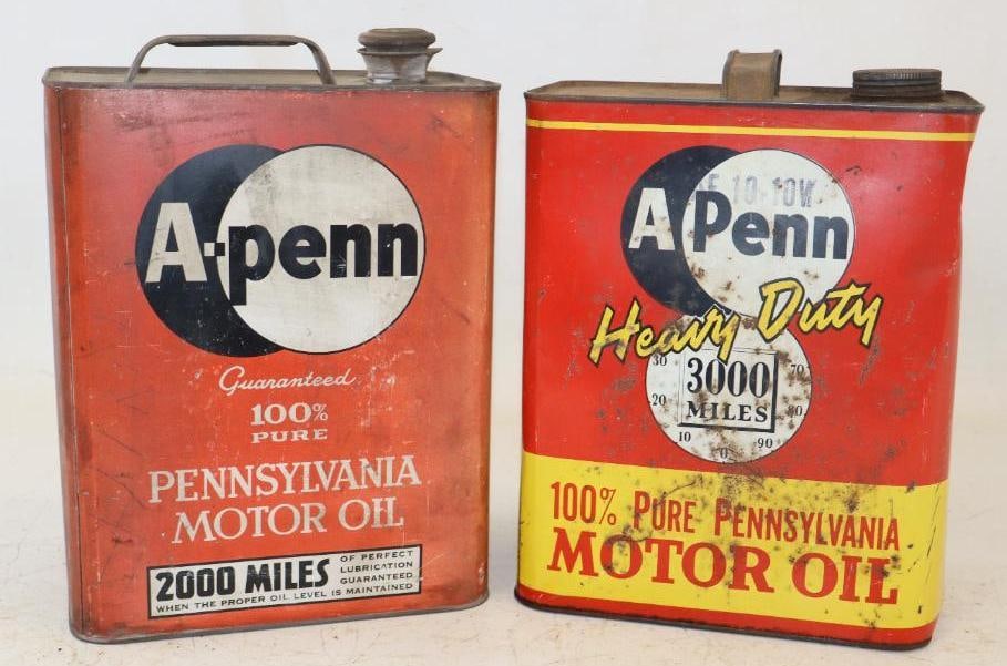 Group of 2 A-Penn Two Gallon Motor Oil Cans: Empty