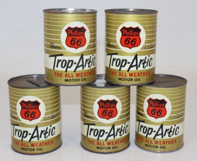 Group of 5 Phillip 66 Trop- Artic Oil Can Coin Banks: 2" diameter each