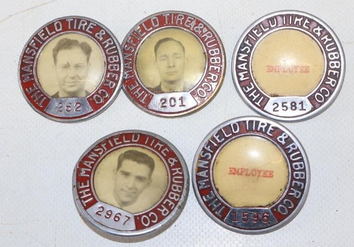 Group of 5 Mansfield Tire Employee Pin Back Badges: 1.75" diameter each