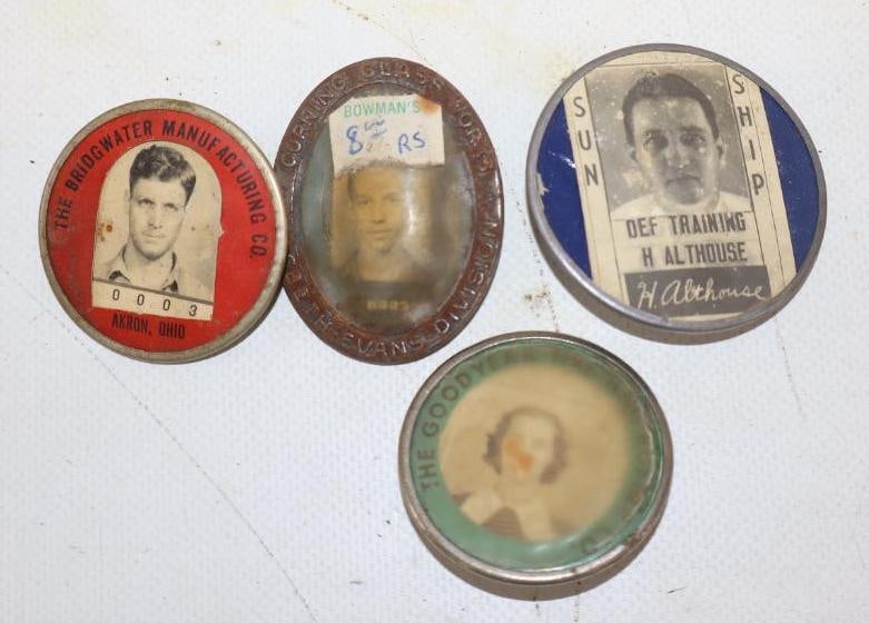 Group of 4 Goodyear, Sun Ship, Bridgewater And Corning Glass Employee Pin Back Badges: 2" diameter largest