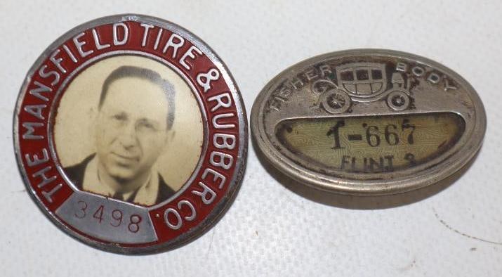 Group of 2 Fisher Body And Mansfield Tire Employee Pin Back Badges: 1.75" diameter largest