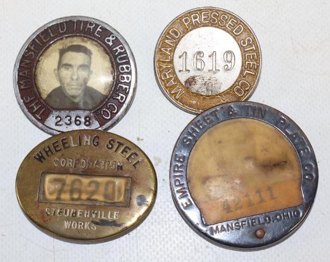 Group of 4 Empire Sheet, Maryland Steel, Wheeling Steel And Mansfield Tire Employee Pin Back Badges: 2" diameter largest