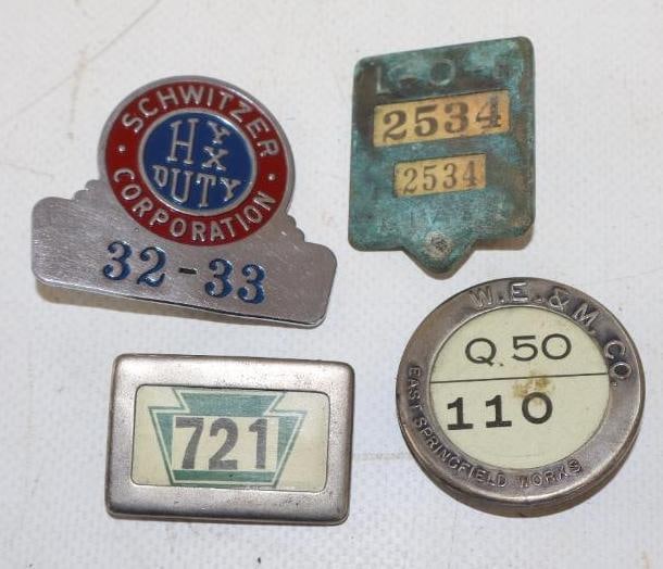 Group of 4 W.E. & M., Schwitzer, L-O-F Glass And Pennsylvania Railroad Employee Pin Back Badges (1 of 2)