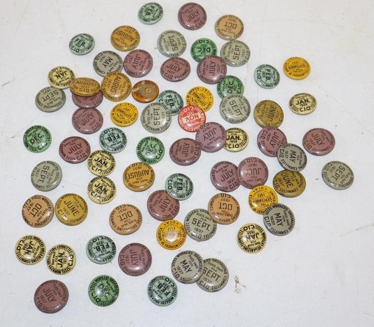 Group of 67 United Steelworkers Organizing Committee Dues Paid Pin Back Badges: .75" diameter each