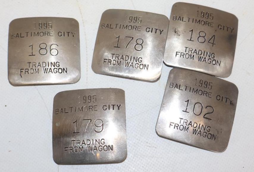 Group of 5 Baltimore City Trading From Wagon Pin Back Badges: 1.75" x 1.75" each