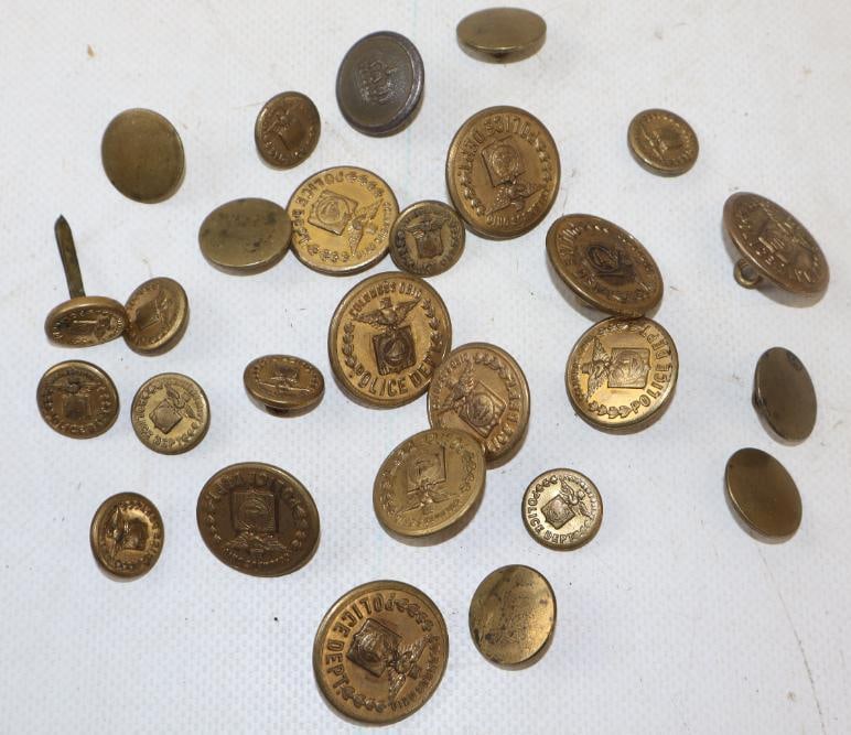 Group of 27 Embossed Brass Columbus Police Dept Coat Buttons: largest 1" diameter
