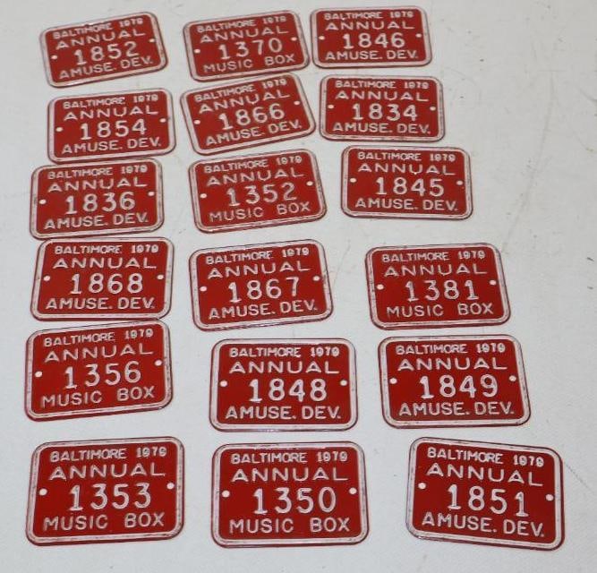 Group of 17 Embossed 1979 Baltimore City Annual Music Box License Plates: 2.75" x 2" each