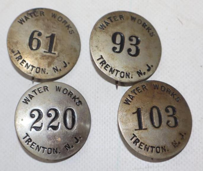 Group of 4 Trenton NJ Waterworks Employee Pin Back Badges: 1.25" diameter each